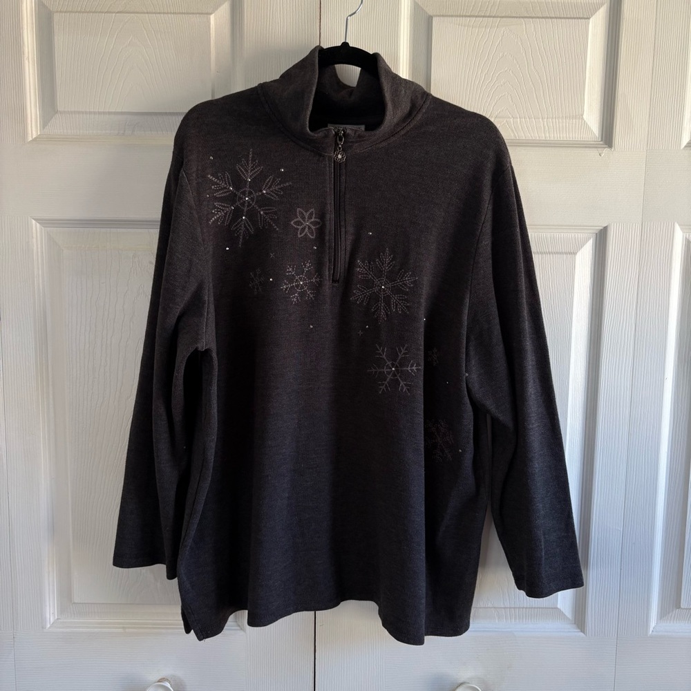 Catherines Charcoal Grey 1/4‎ Zip Sweater Snowflake Rhinestone 1X Cotton Festive